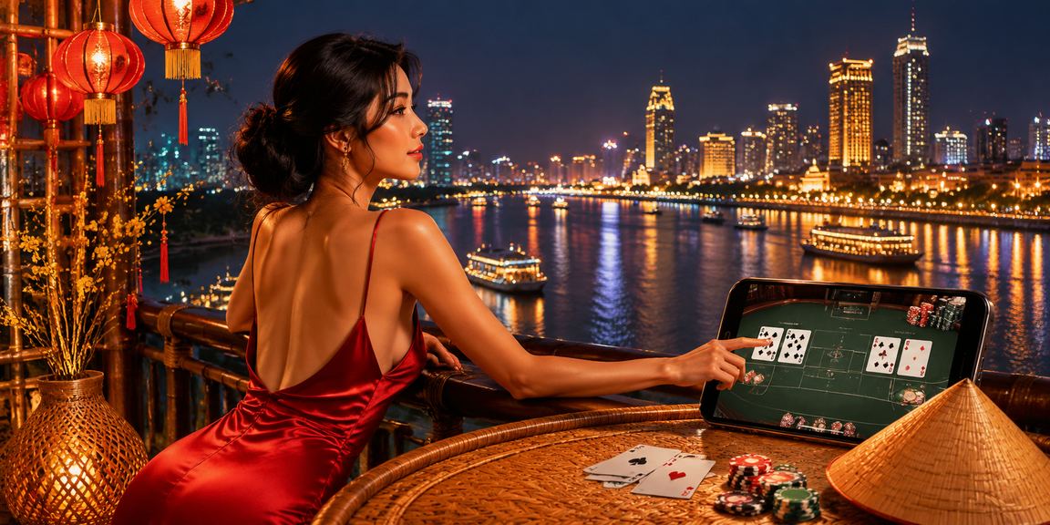 Người phụ nữ đội nón lá chơi baccarat trên vùng sông Mekong